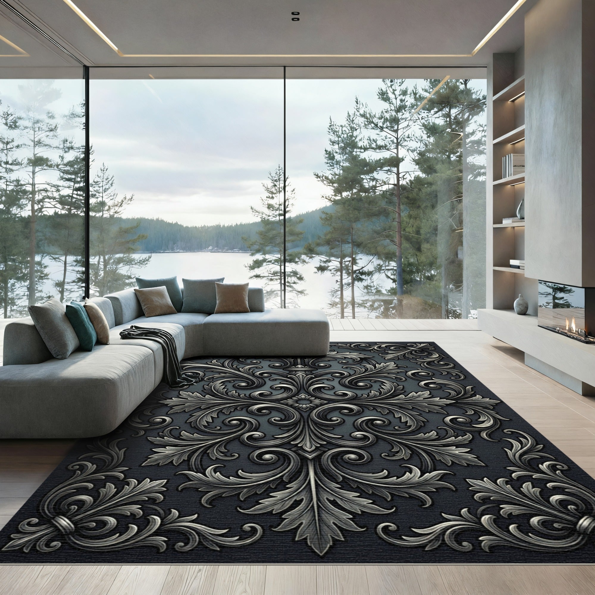 Ornate Silver Acanthus Scroll Work Rug