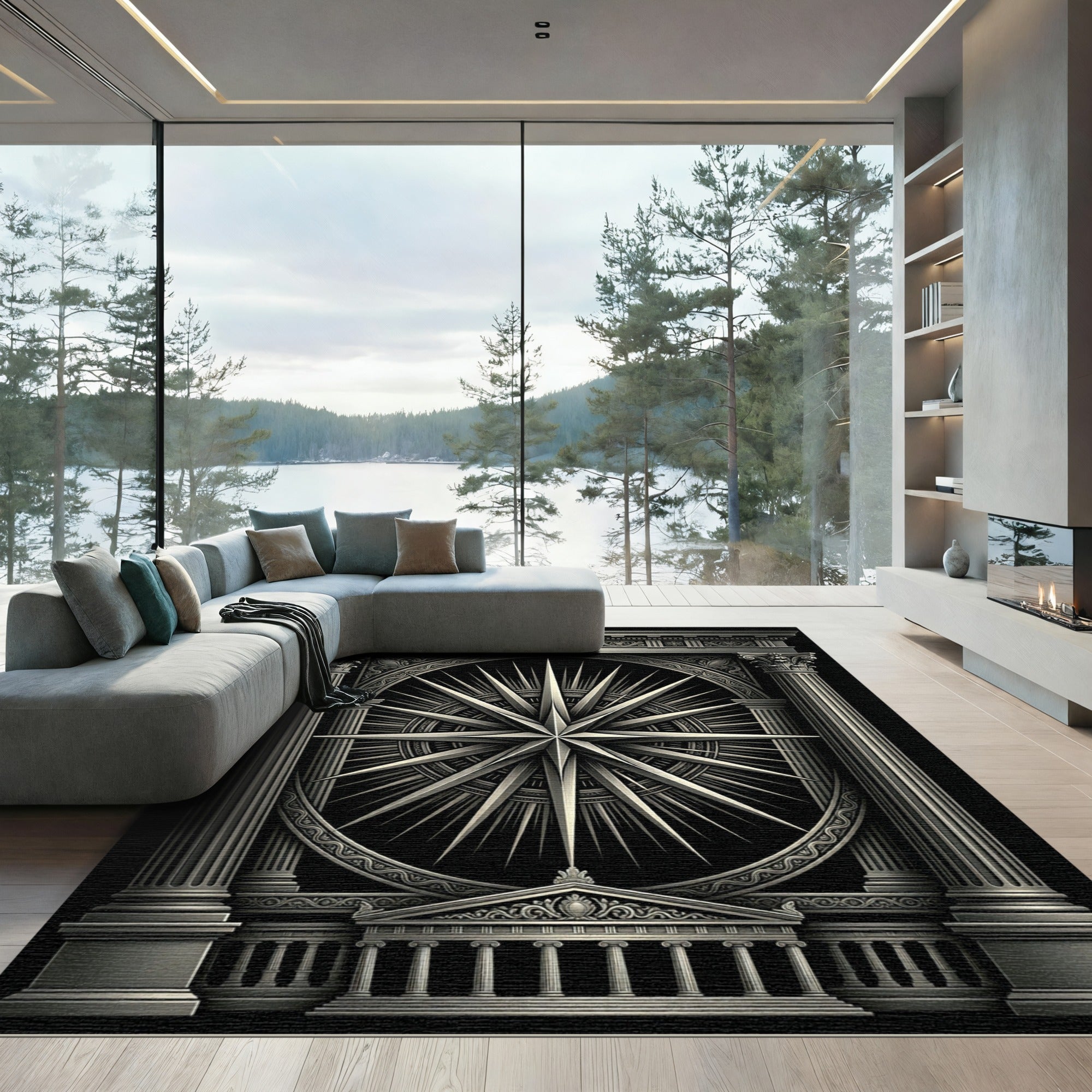 Monochromatic Sunburst Star Architectural Rug