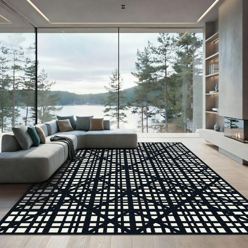 Minimalist Black and Cream Grid Lattice Rug