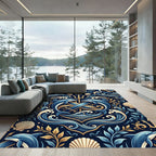 Golden Trident Dolphin Coastal Navy Medallion Rug
