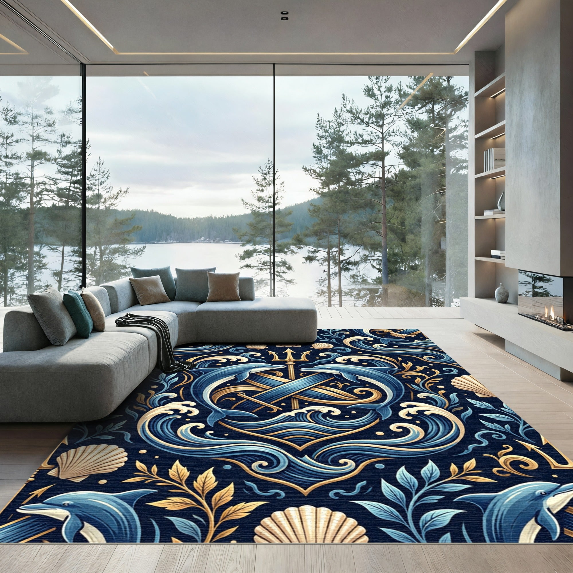 Golden Trident Dolphin Coastal Navy Medallion Rug
