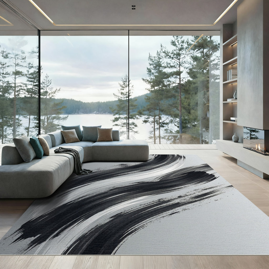 Monochromatic Abstract Charcoal Sweep Rug