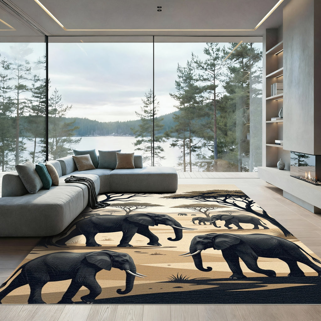 Serene Savanna Elephant Herd Landscape Rug