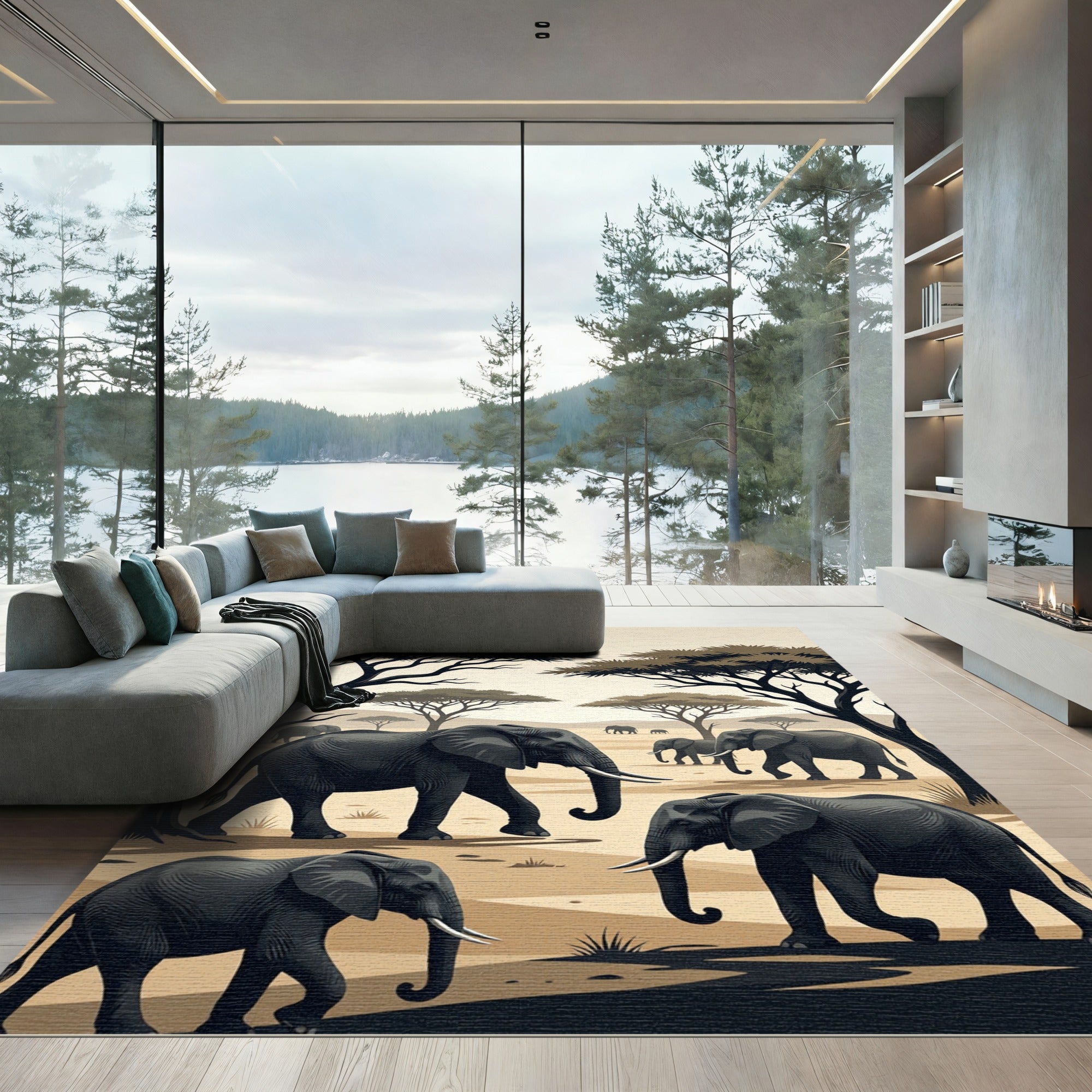 Serene Savanna Elephant Herd Landscape Rug