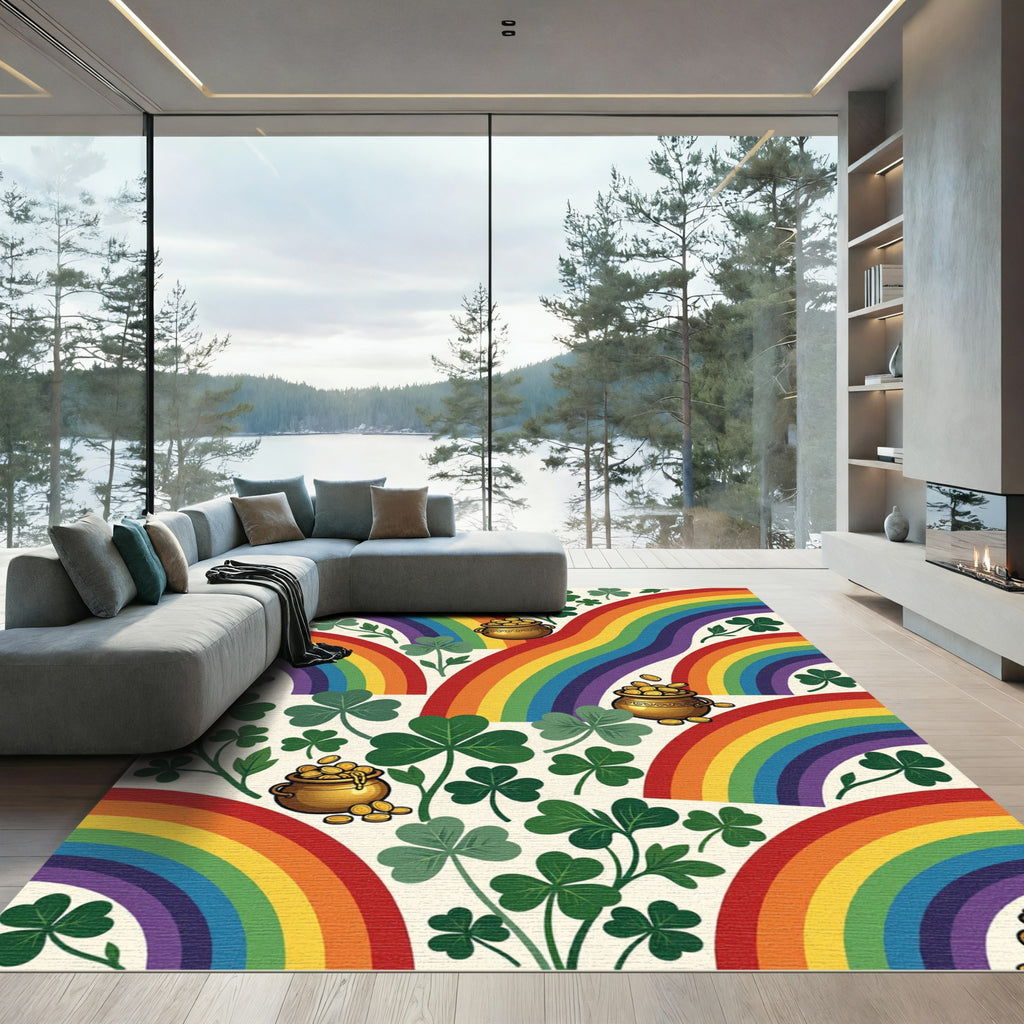 Colorful Rainbow Clover Lucky Gold Coin Rug