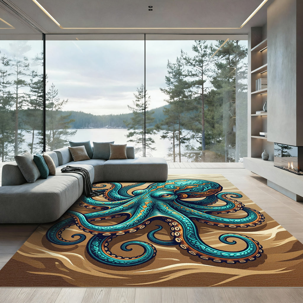 Intricate Teal and Gold Octopus Rug
