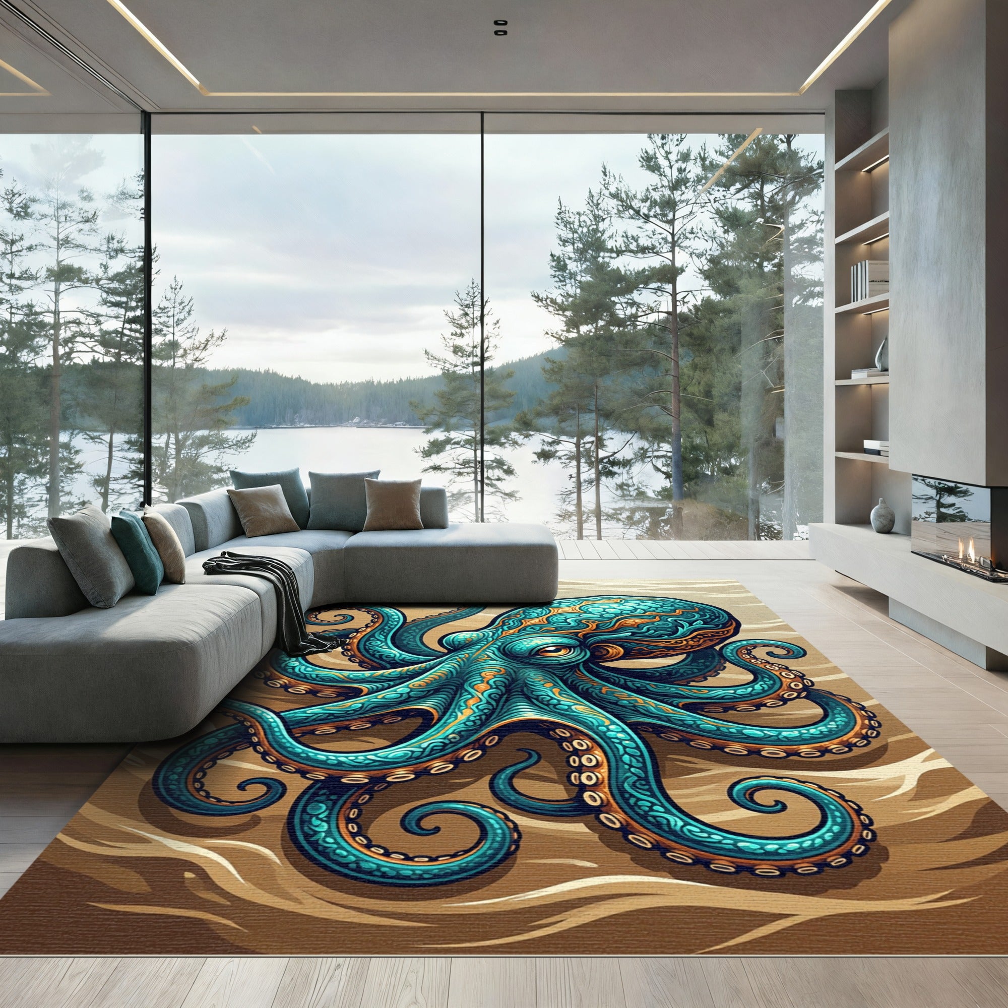 Intricate Teal and Gold Octopus Rug
