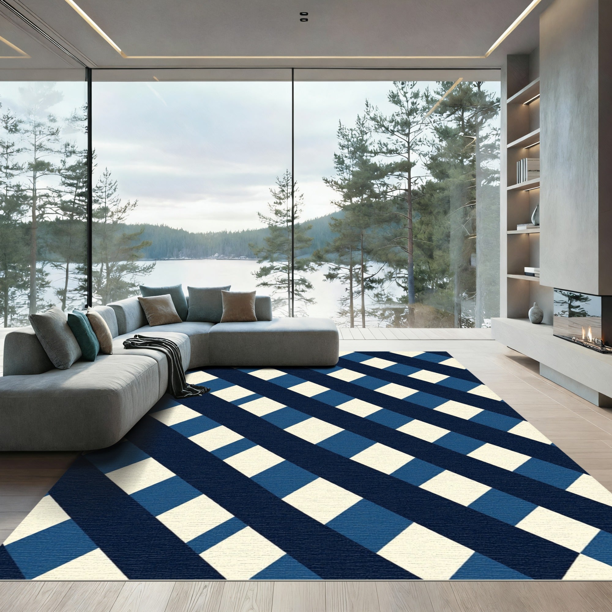 Navy Blue Diagonal Checkered Geometric Rug