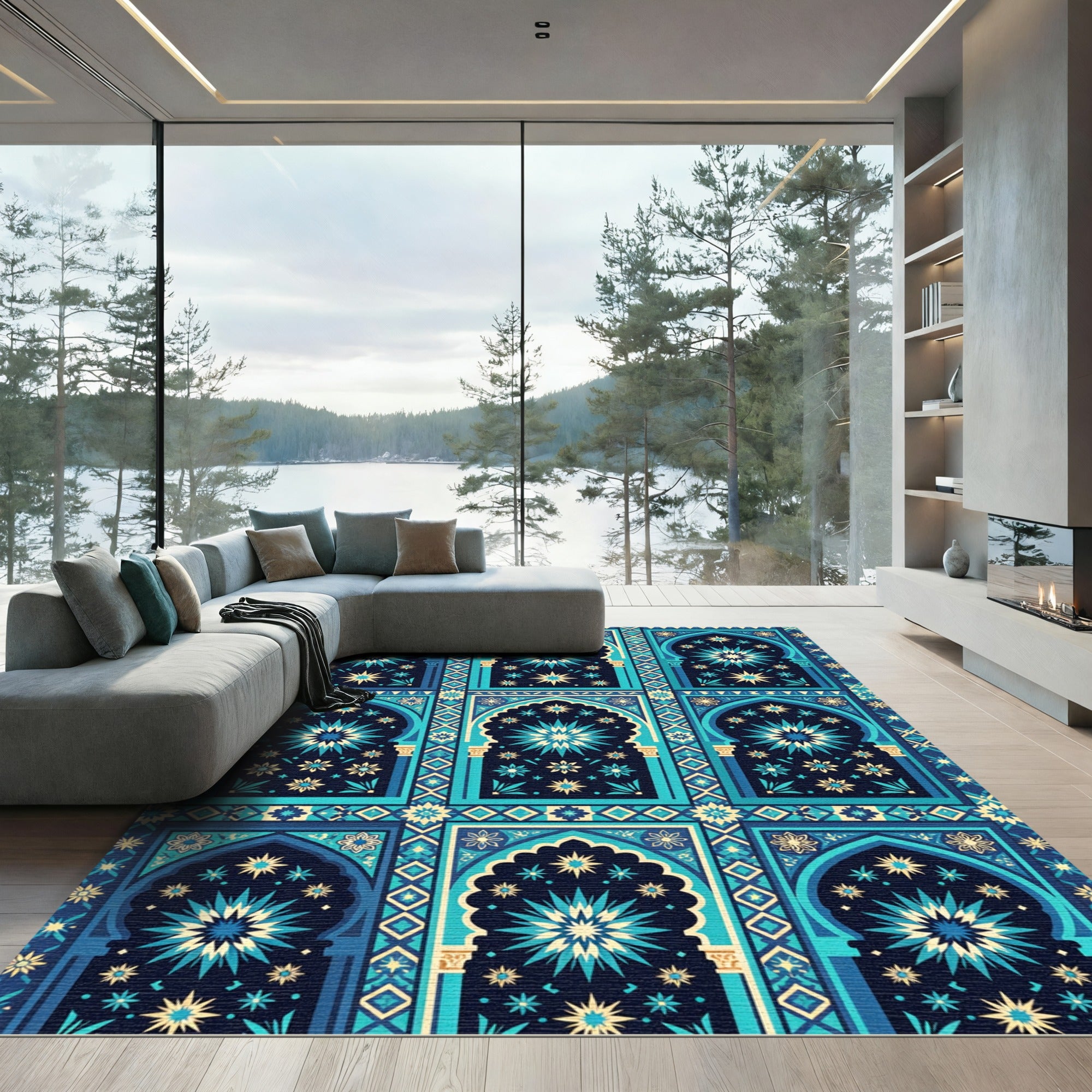 Blue Teal Starburst Archway Garden Rug