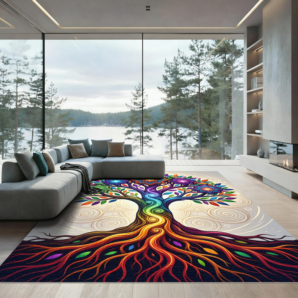 Vibrant Rainbow Tree Cosmic Star Mandala Rug