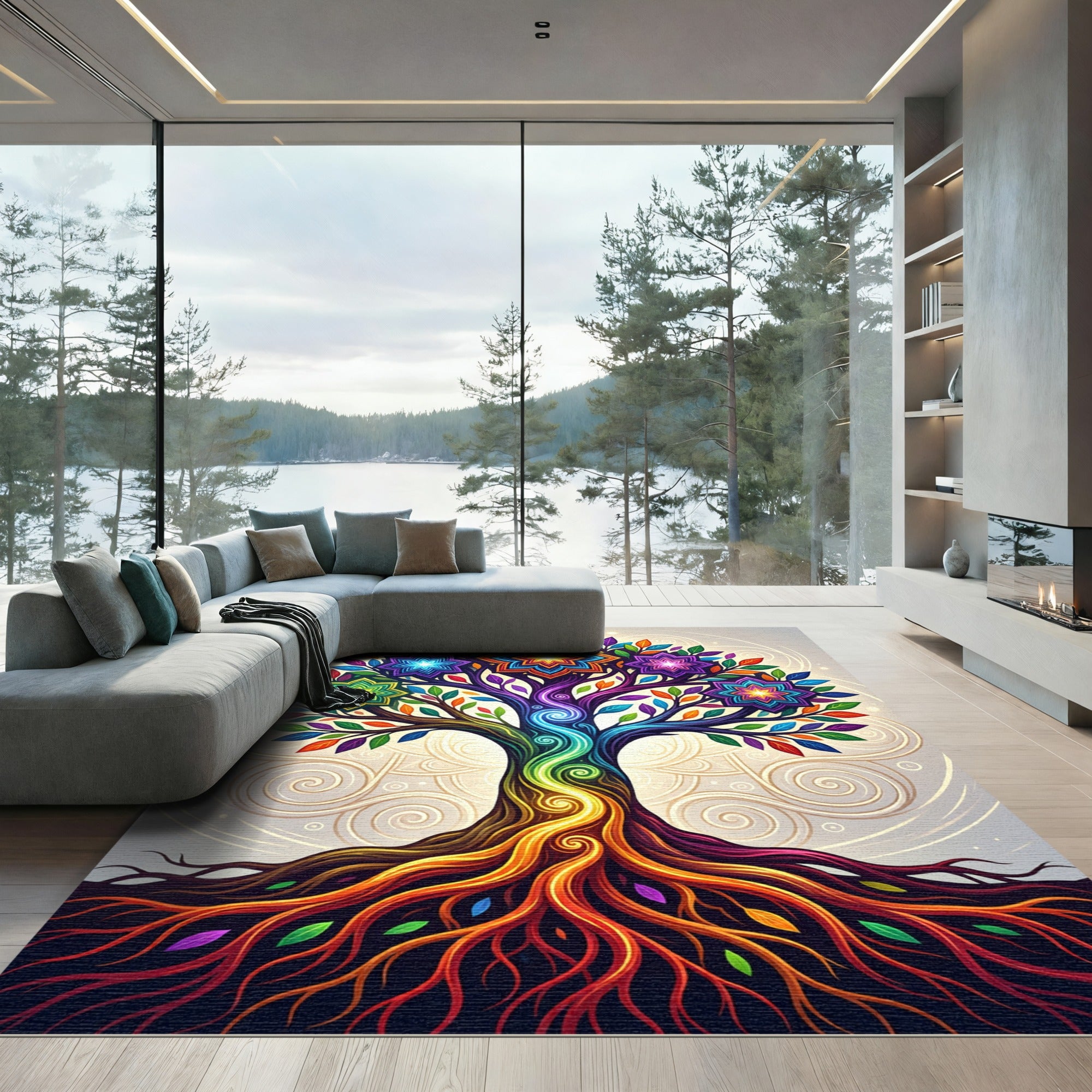 Vibrant Rainbow Tree Cosmic Star Mandala Rug