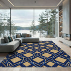 Geometric Navy and Gold Interlocking Lattice Rug