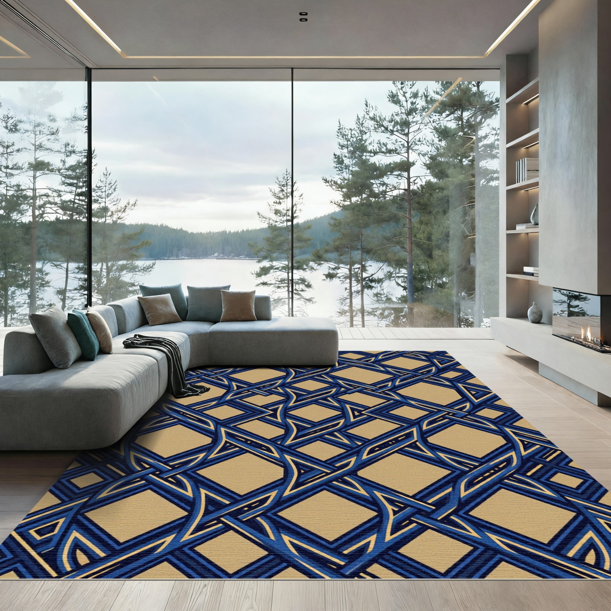 Geometric Navy and Gold Interlocking Lattice Rug