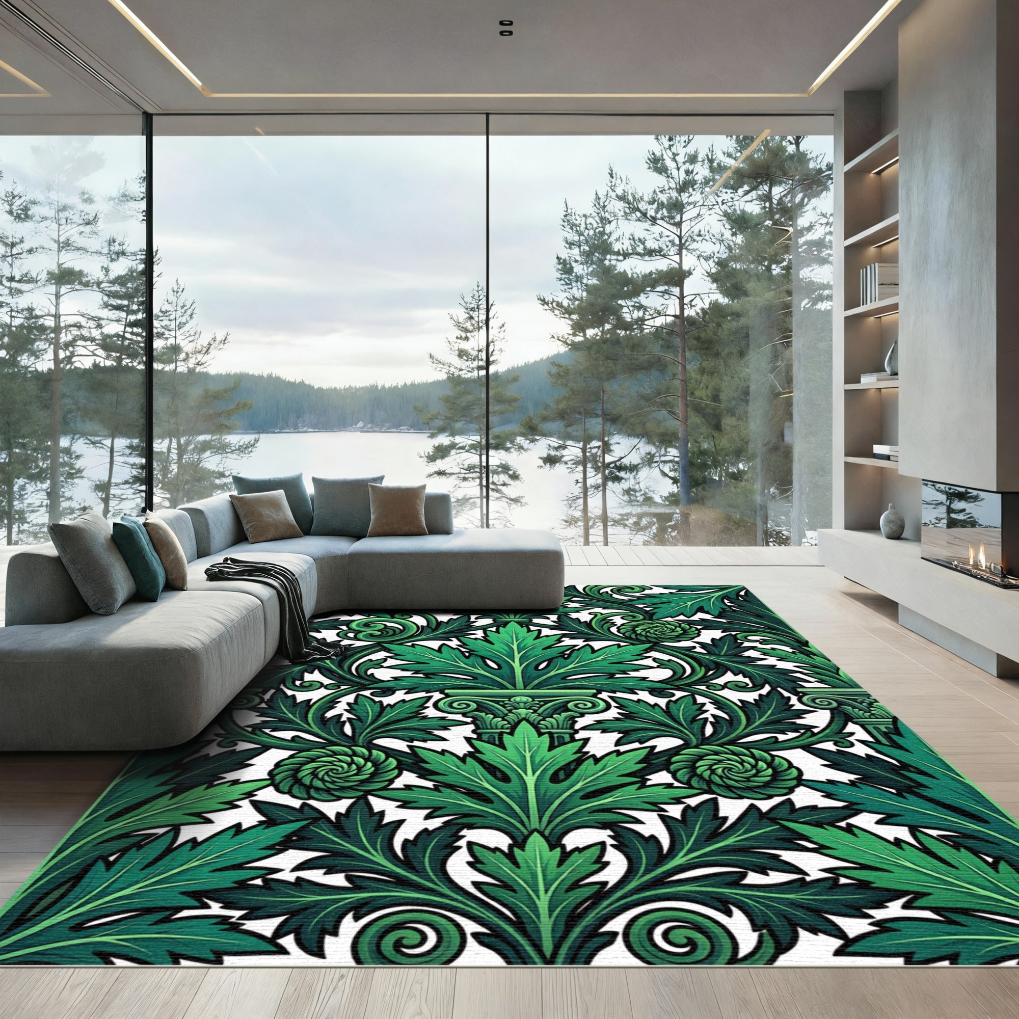 Emerald Green Acanthus Leaf Swirls Rug