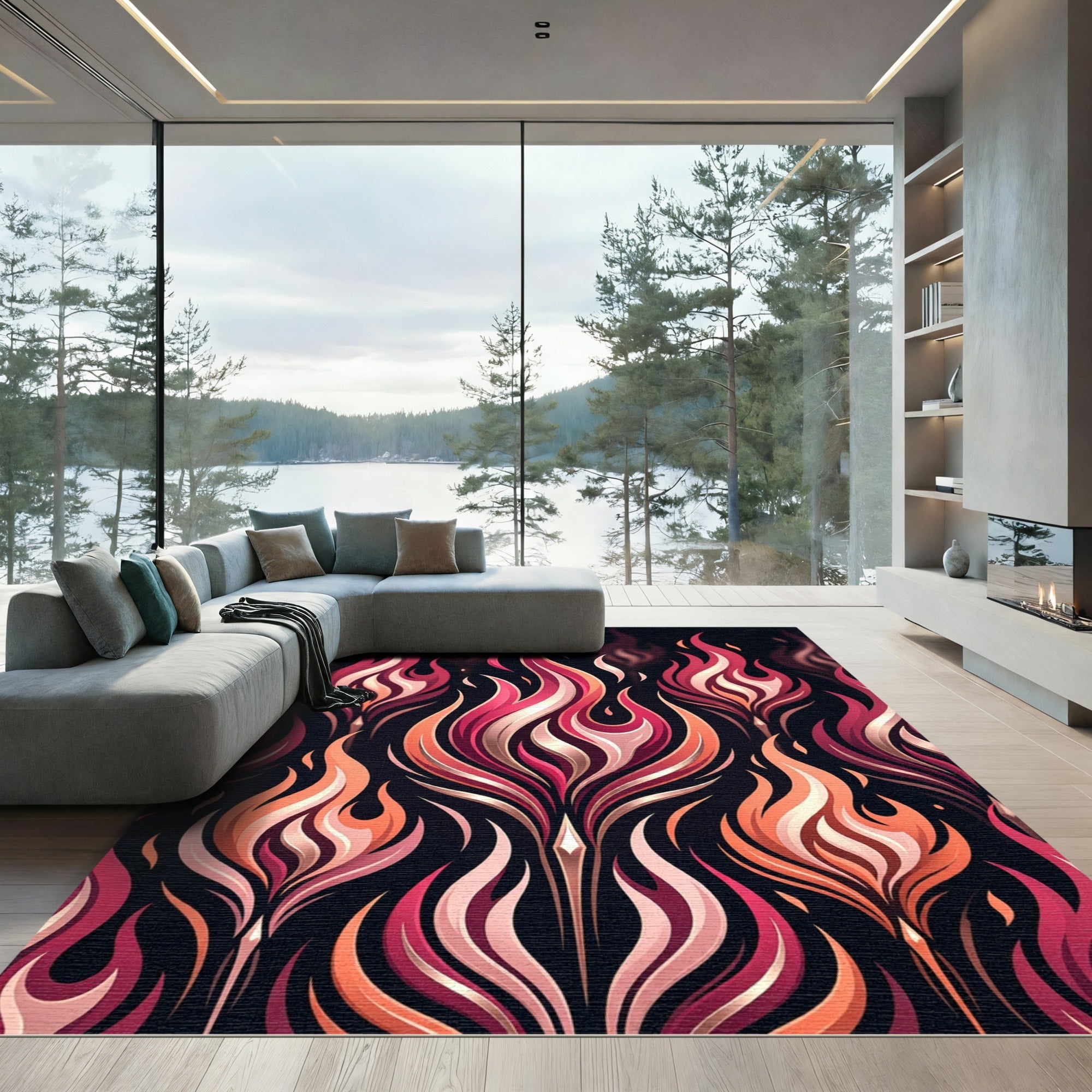 Vibrant Crimson Fire Abstract Swirl Rug