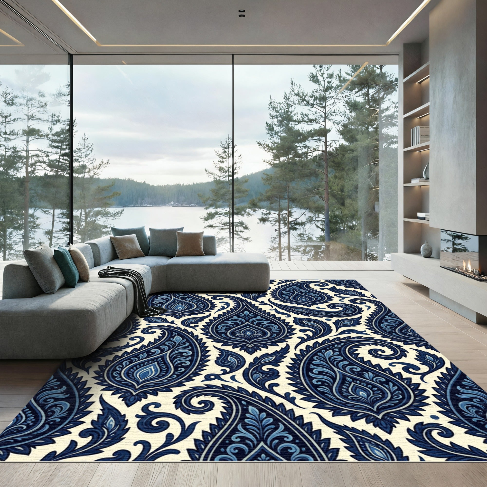 Intricate Midnight Blue Paisley Swirl Rug