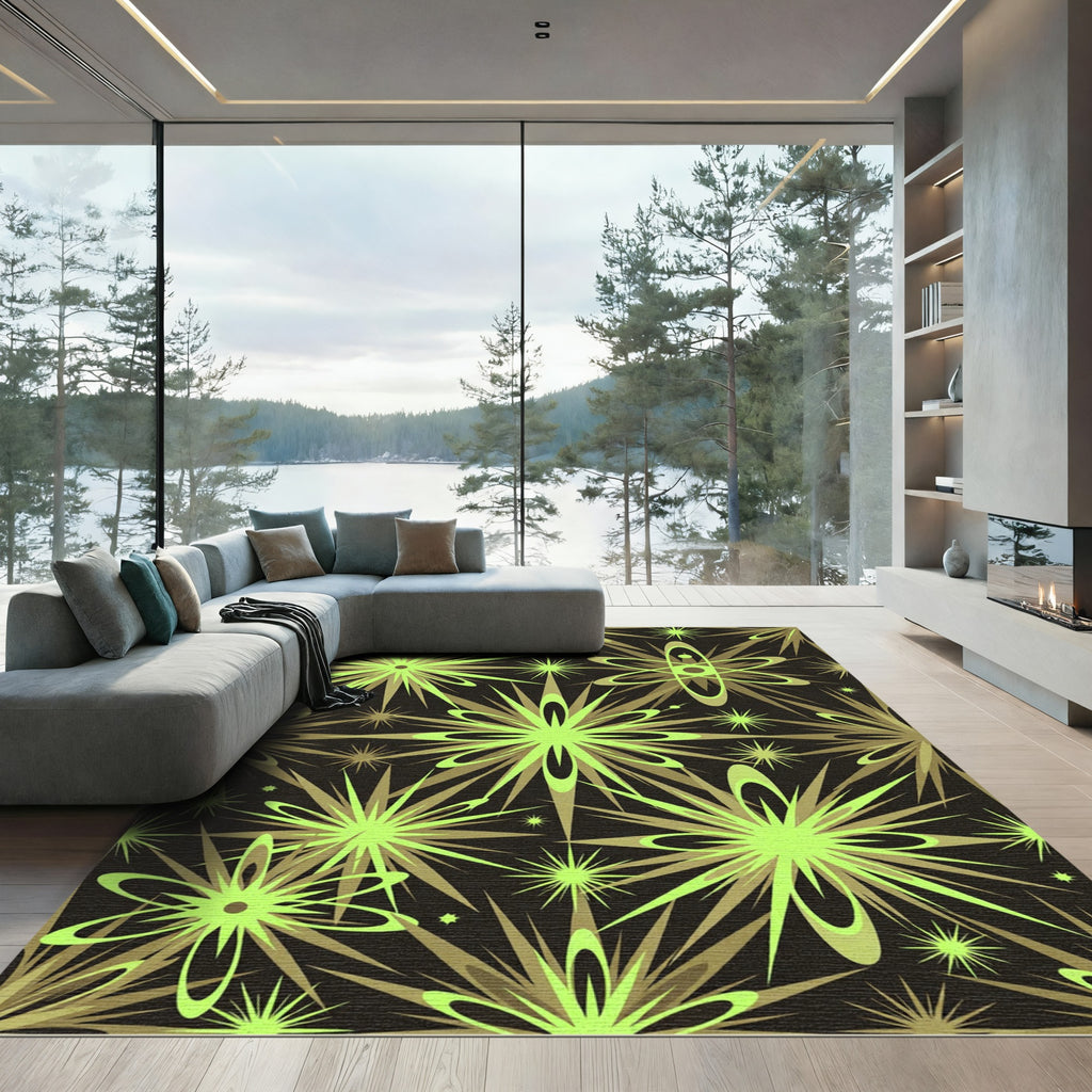 Midcentury Atomic Lime Green Starburst Rug