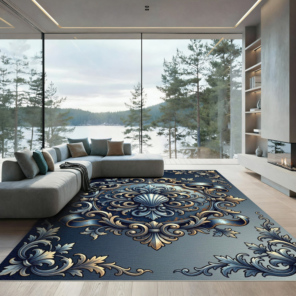 Ornate Blue Gold Seashell Baroque Medallion Rug