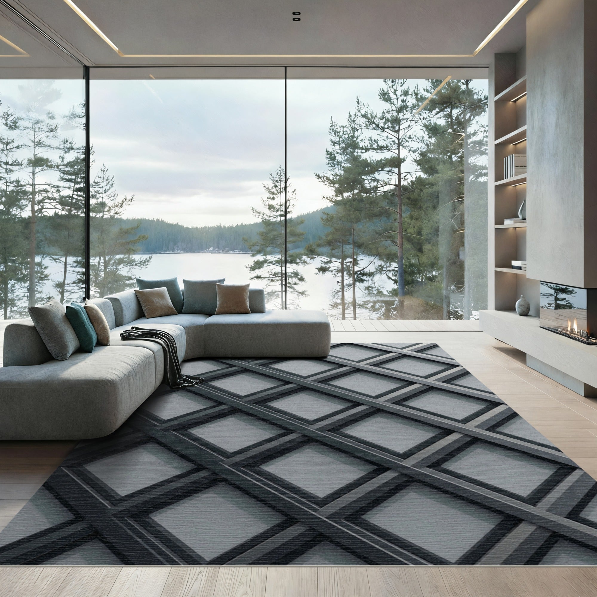 Modern Charcoal Geometric Lattice Grid Rug