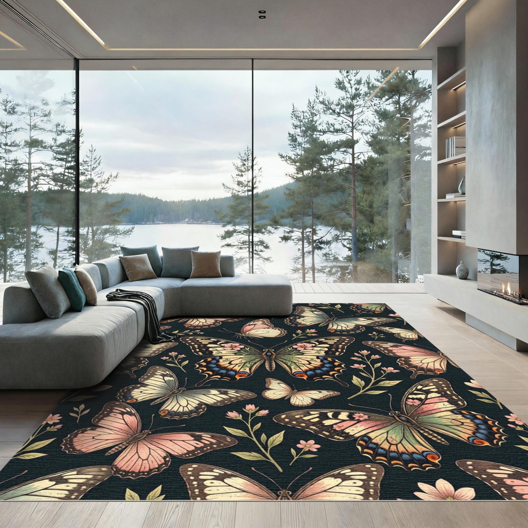 Whimsical Cream Butterfly Garden Botanical Rug