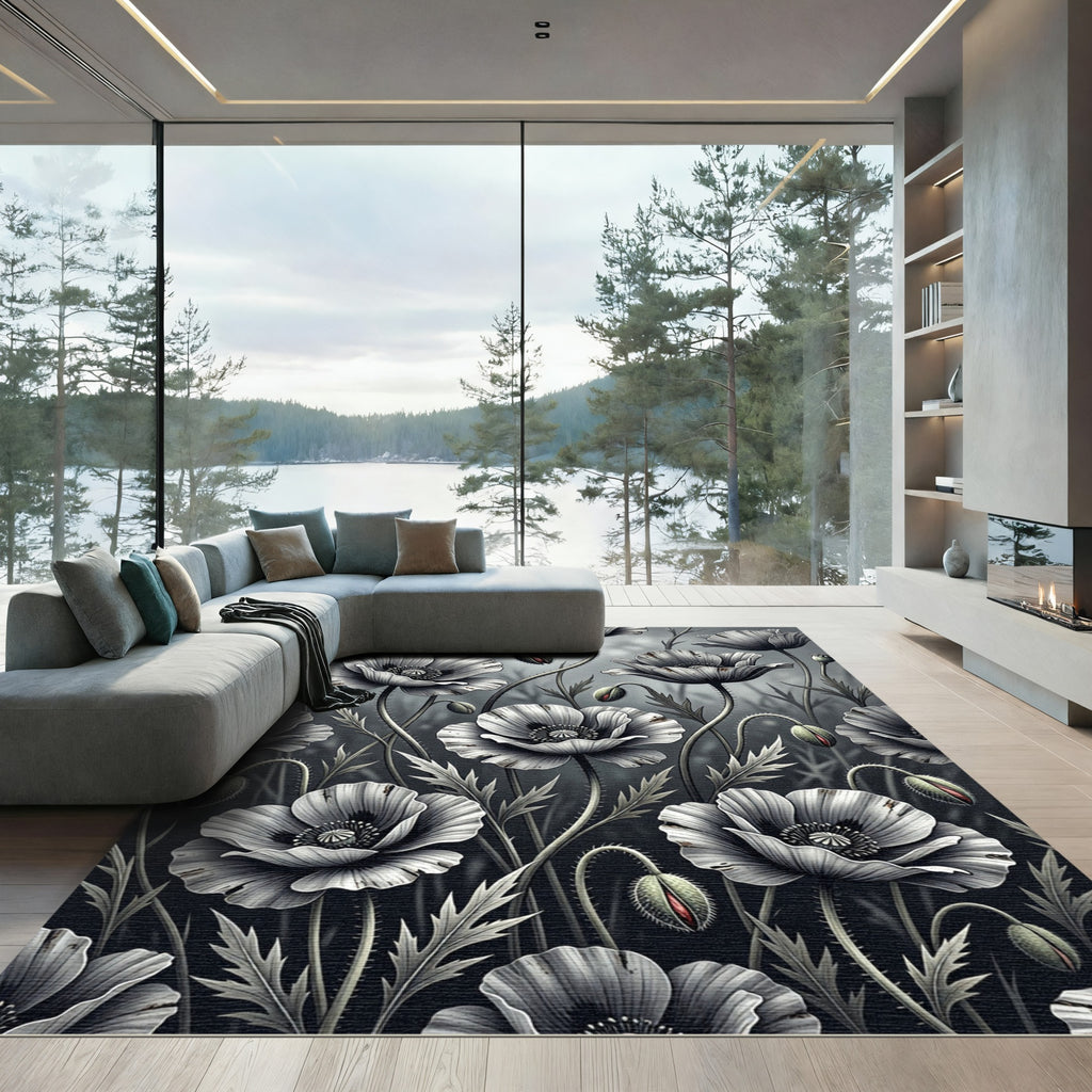 Monochromatic Floral Poppy Botanical Art Rug