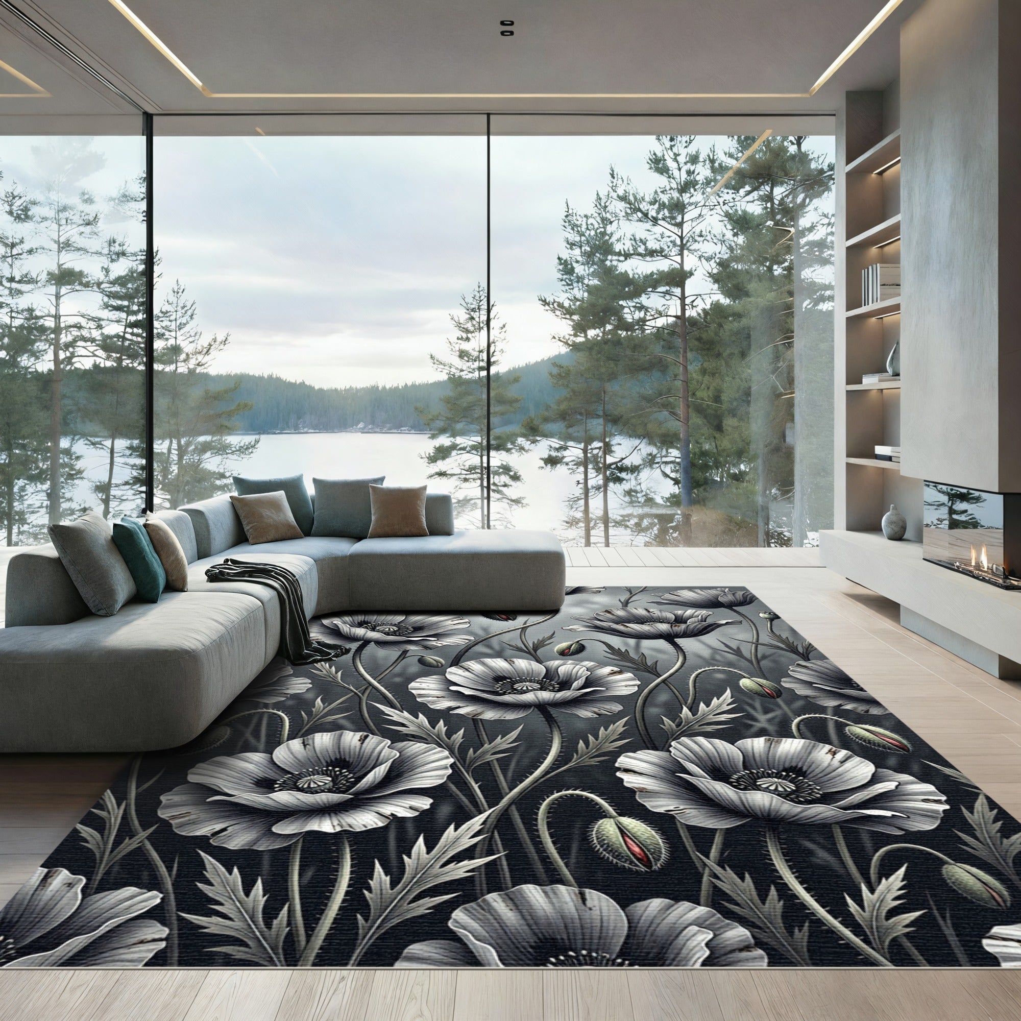Monochromatic Floral Poppy Botanical Art Rug