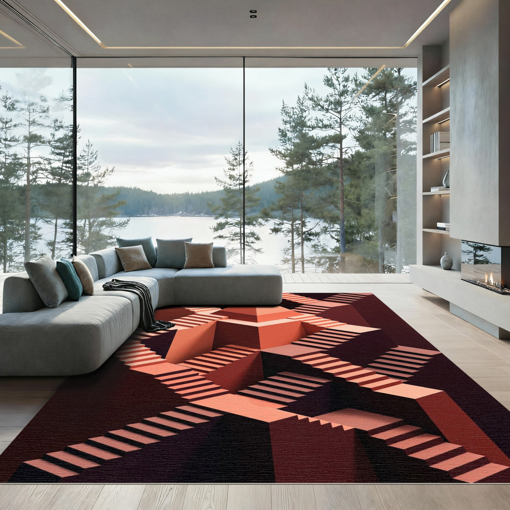Coral Geometric Escher Staircase Illusion Rug