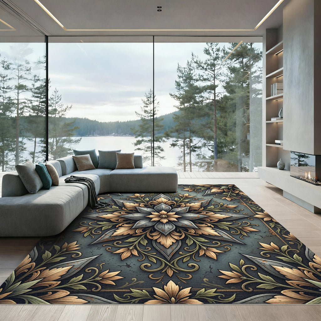 Ornate Slate and Gold Floral Medallion Rug