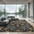 Ornate Slate and Gold Floral Medallion Rug