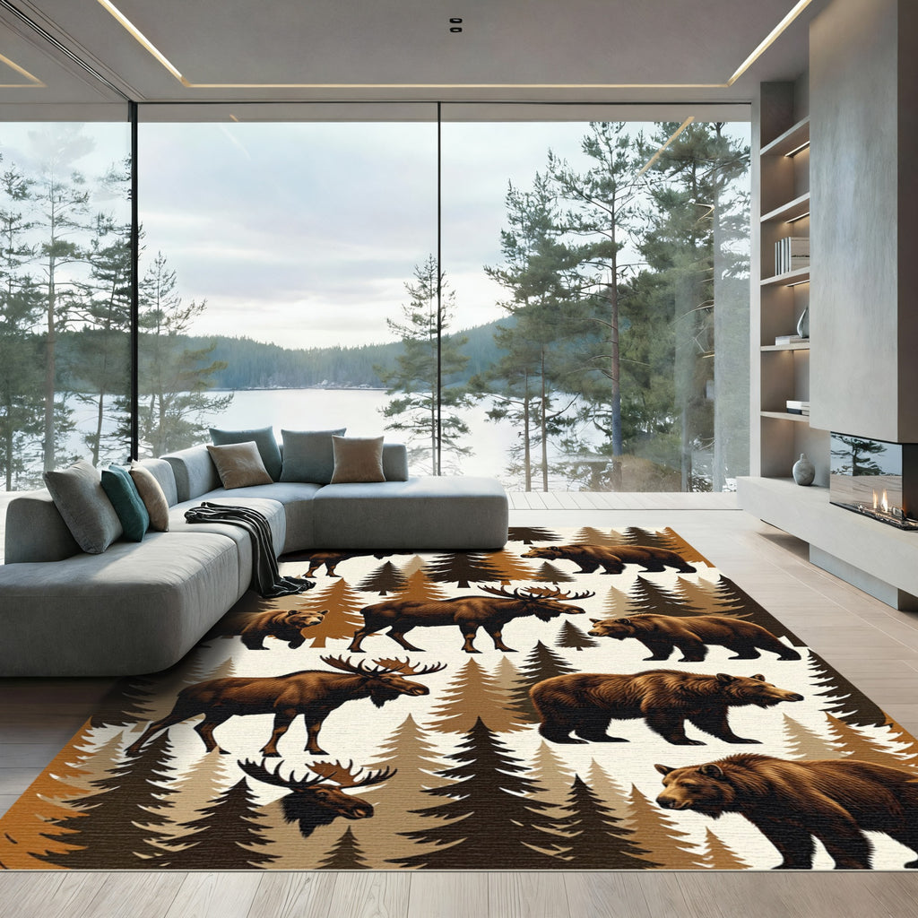 Rustic Forest Moose and Bear Woodland Rug