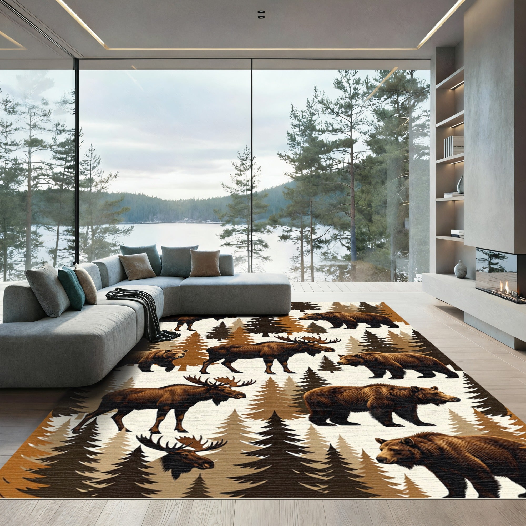 Rustic Forest Moose and Bear Woodland Rug