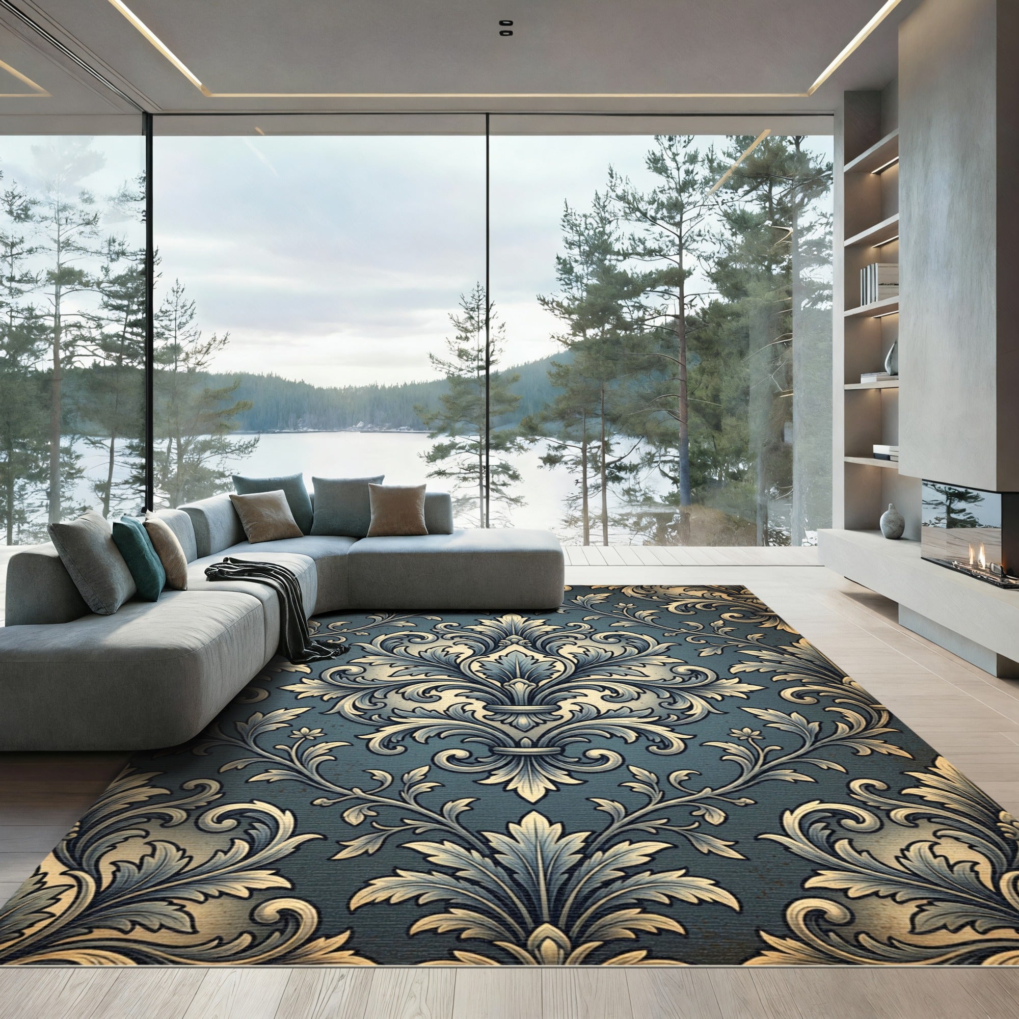Ornate Blue Damask Vintage Scroll Rug