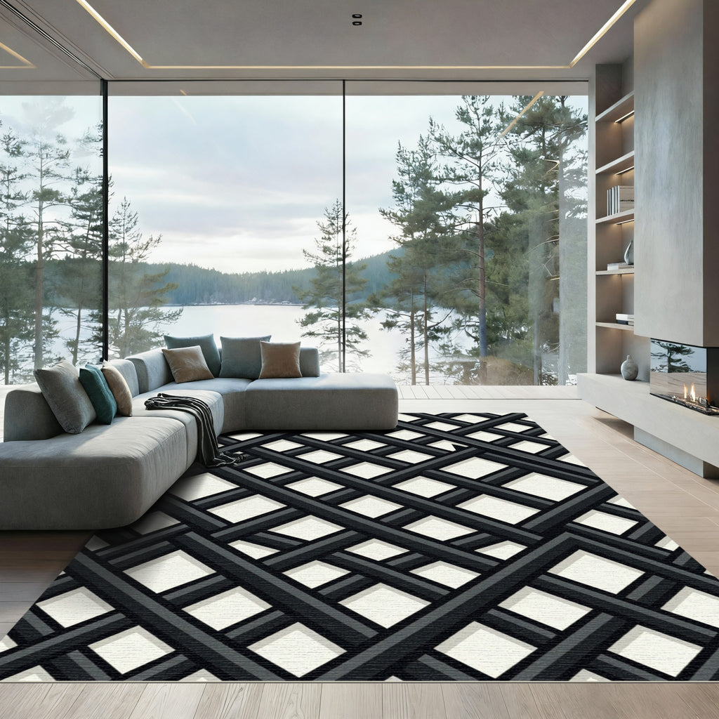 Sophisticated Black and White Lattice Grid Rug