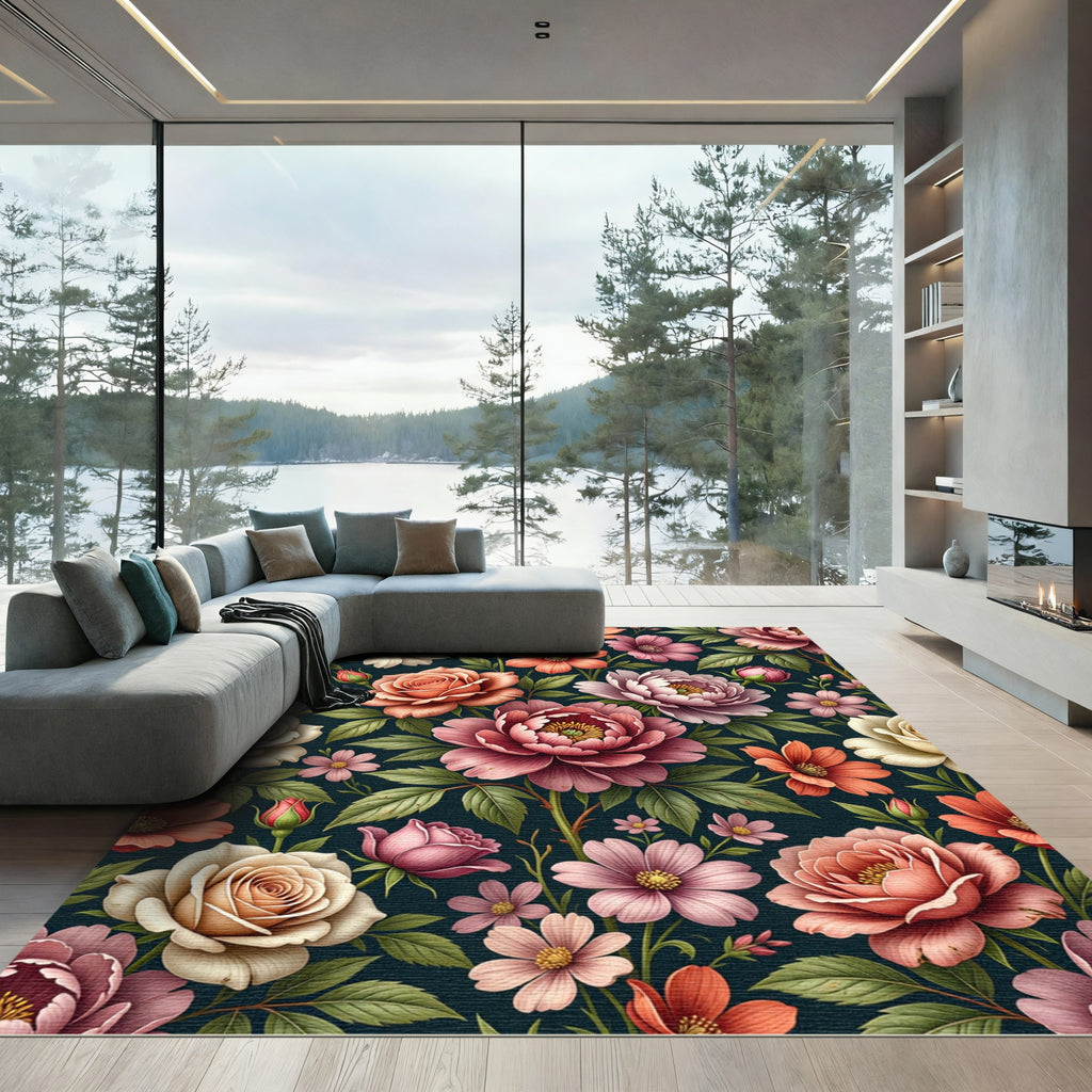 Ornate Pink Floral Dark Botanical Rug