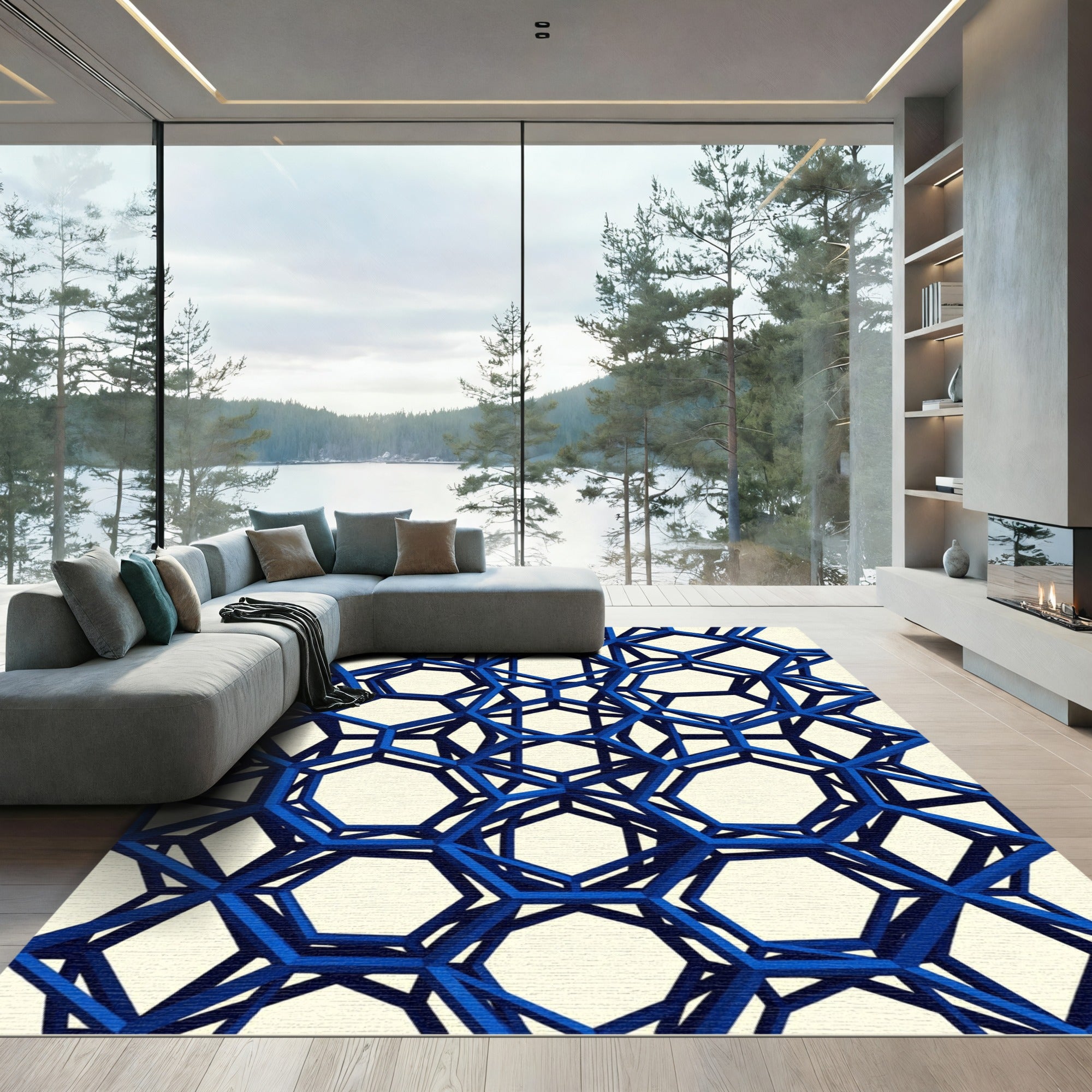 Modern Navy Three-Dimensional Geometric Lattice Rug