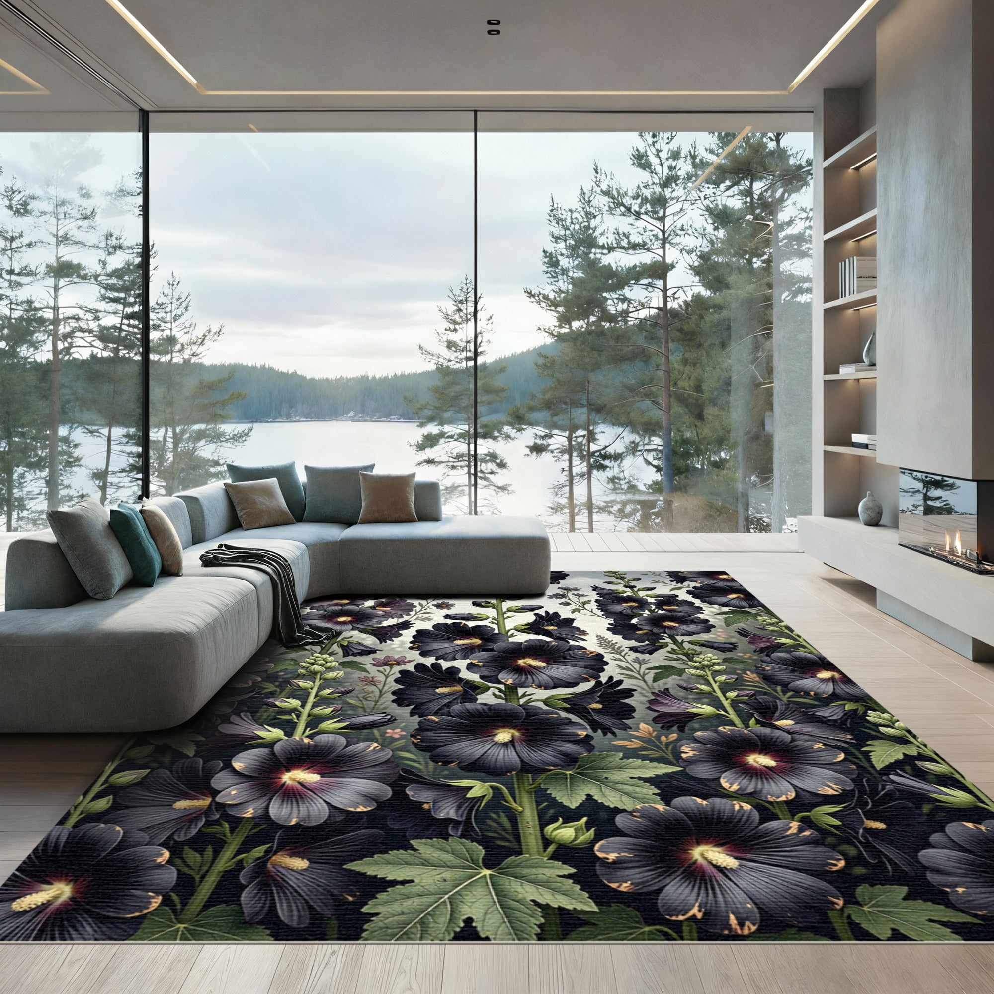 Dark Floral Garden Tall Stems Rug