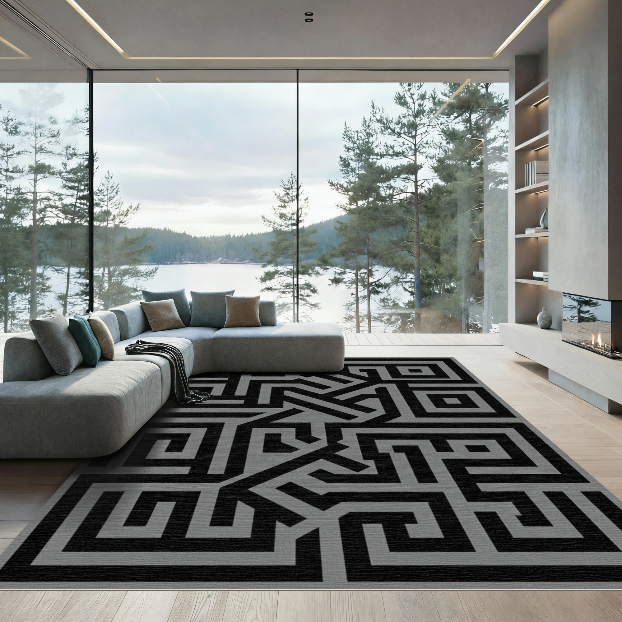 Black Gray Geometric Maze Rug