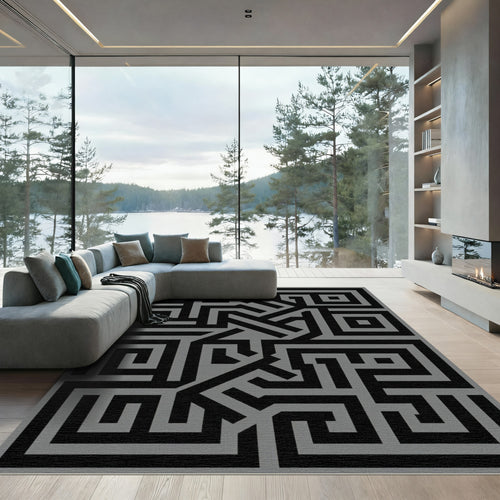 Black Gray Geometric Maze Rug