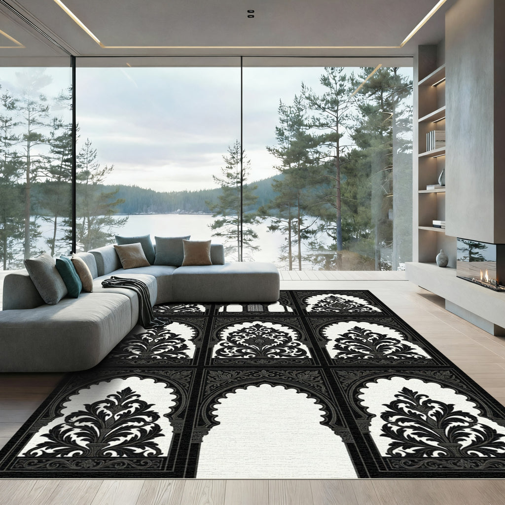 Black White Archway Arabesque Floral Rug