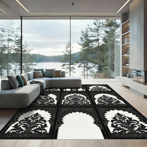 Black White Archway Arabesque Floral Rug
