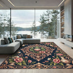 Ornate Pink Floral Damask Teal Rug