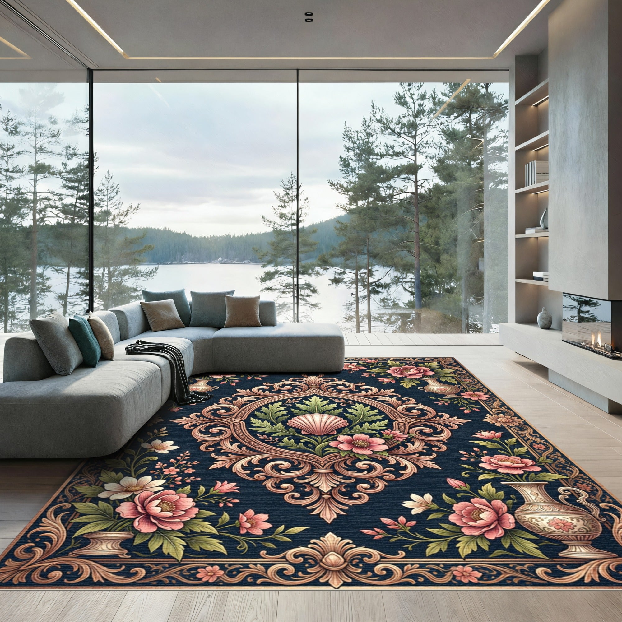 Ornate Pink Floral Damask Teal Rug