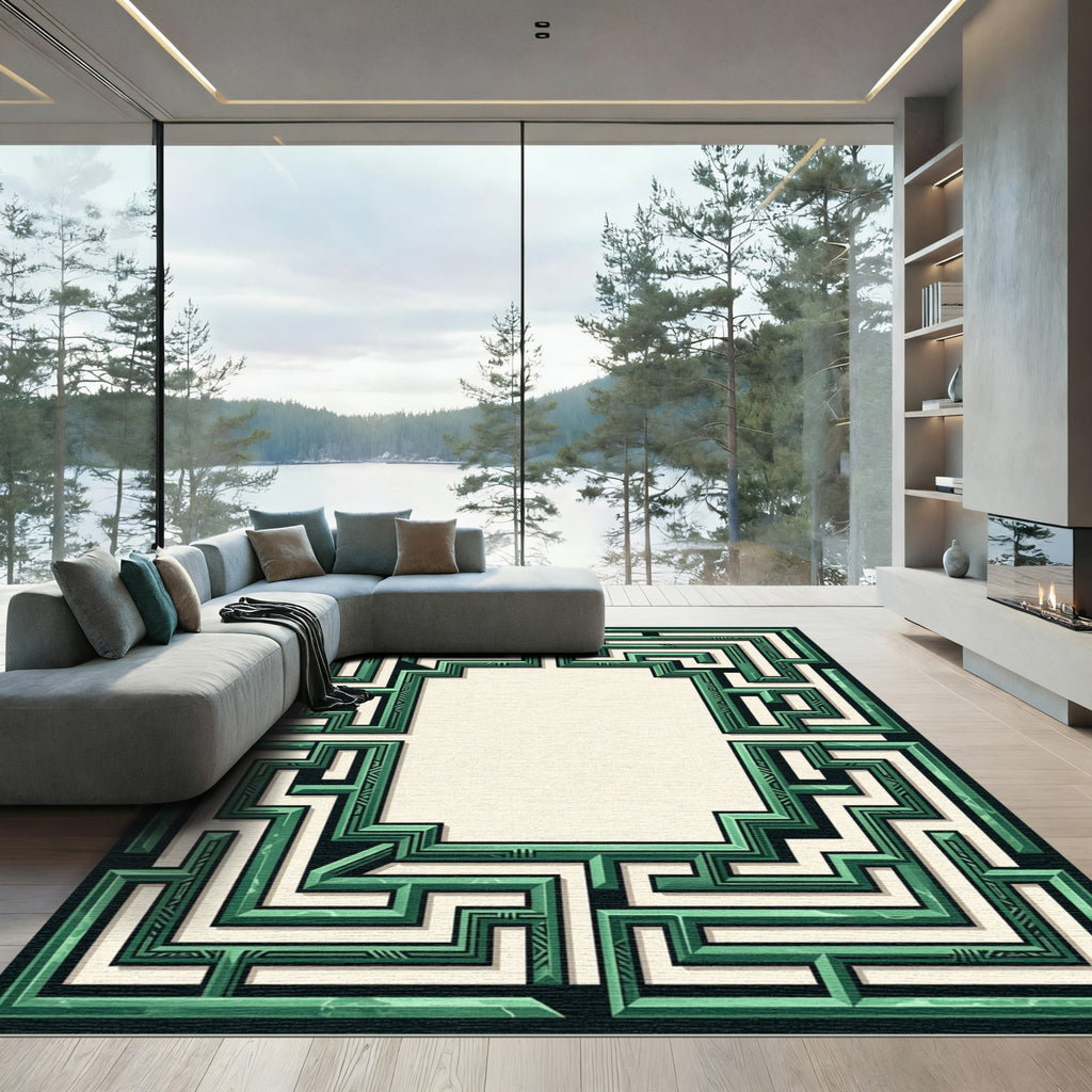 Emerald Green Geometric Maze Frame Rug