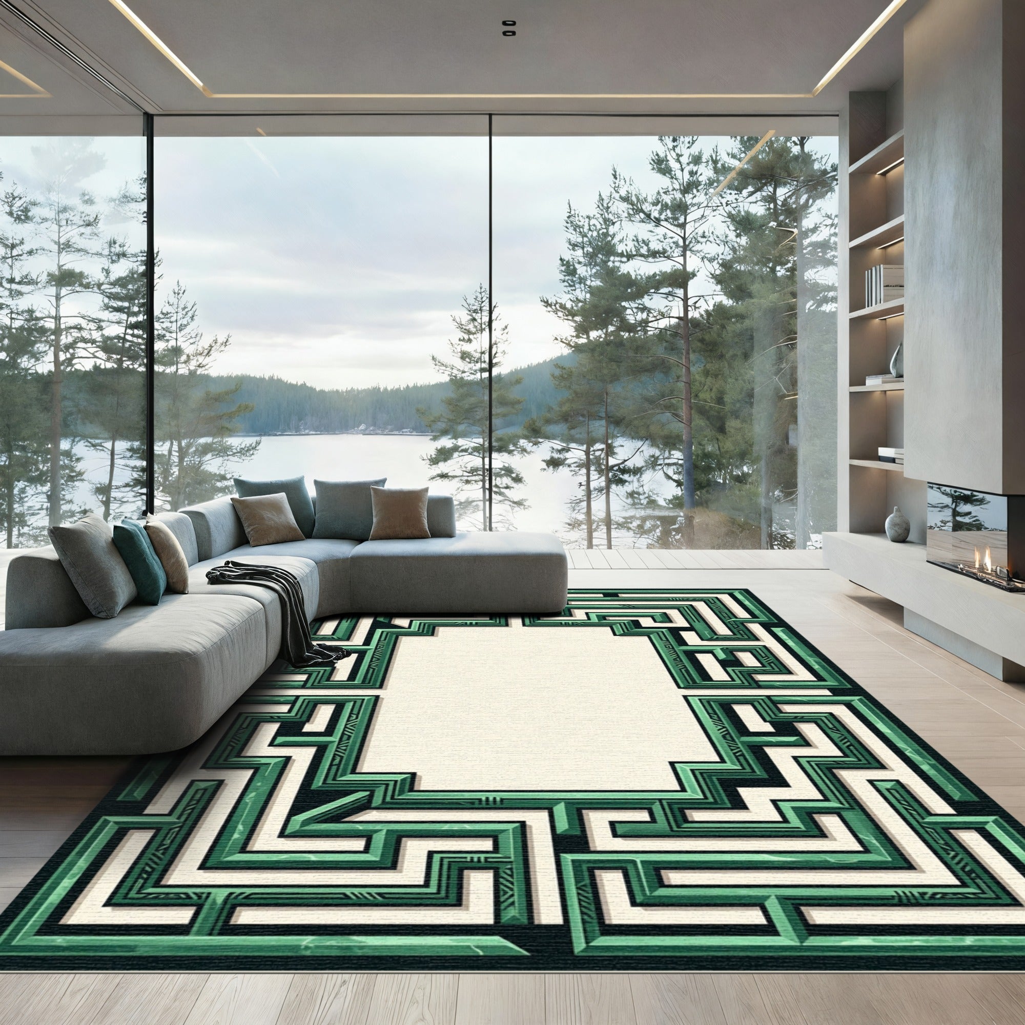 Emerald Green Geometric Maze Frame Rug