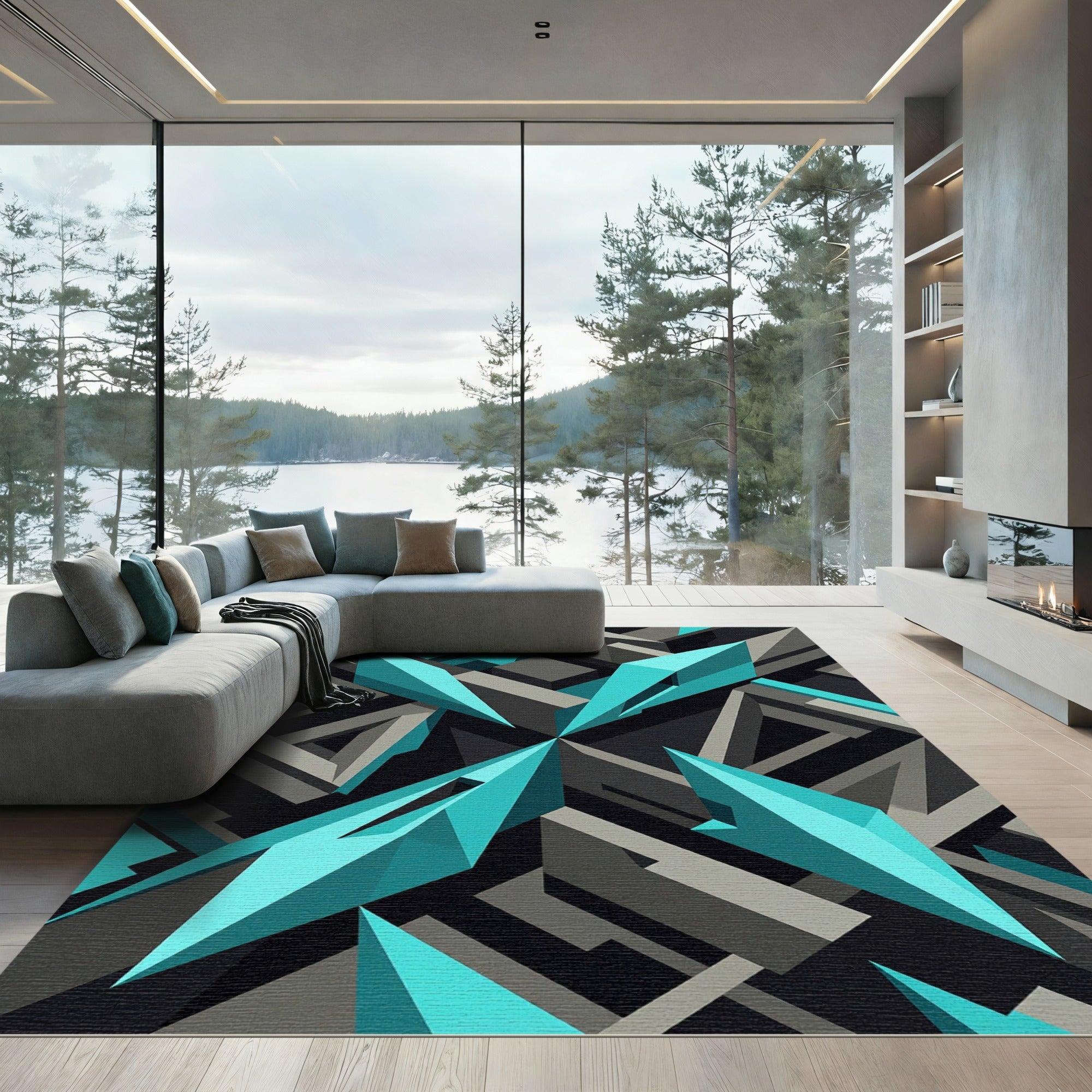 Cyan Geometric Abstract 3D Sharp Angular Rug