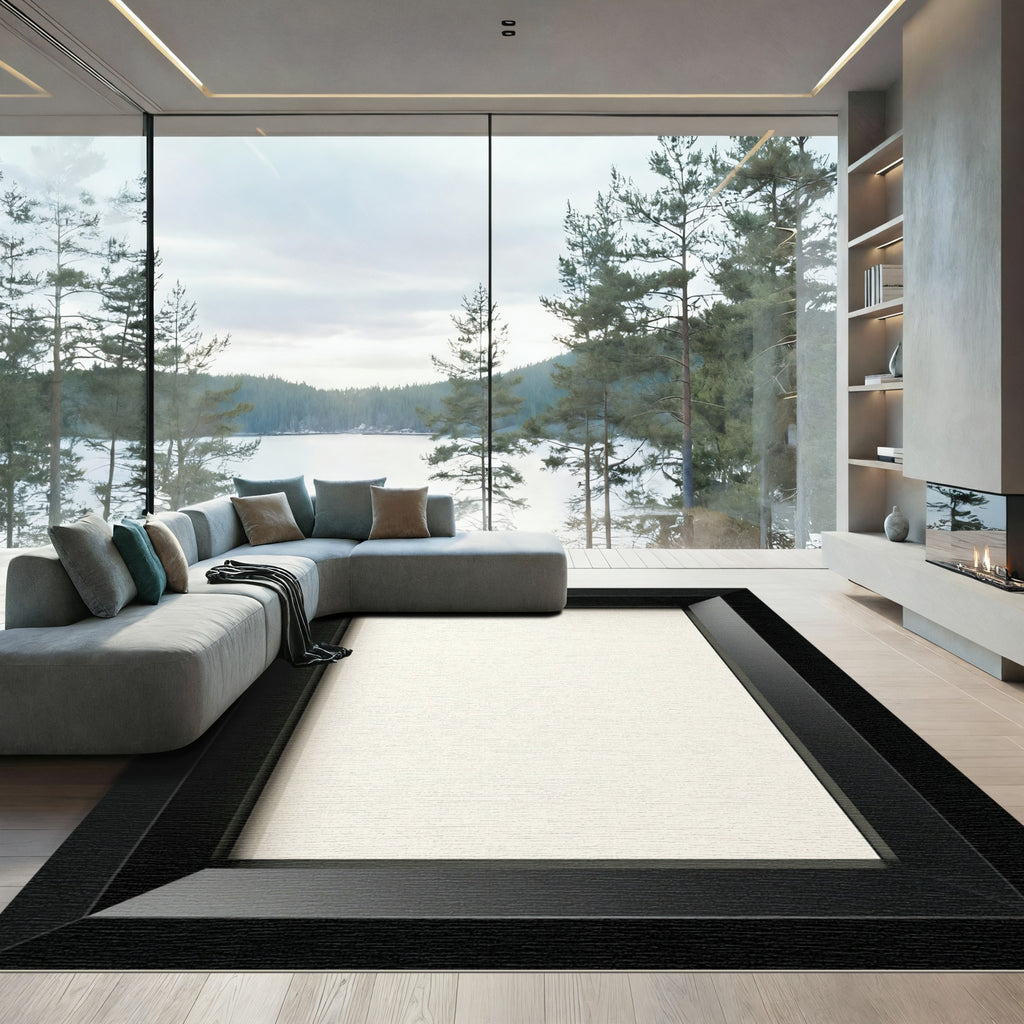 Bold Black Geometric Frame Border Rug