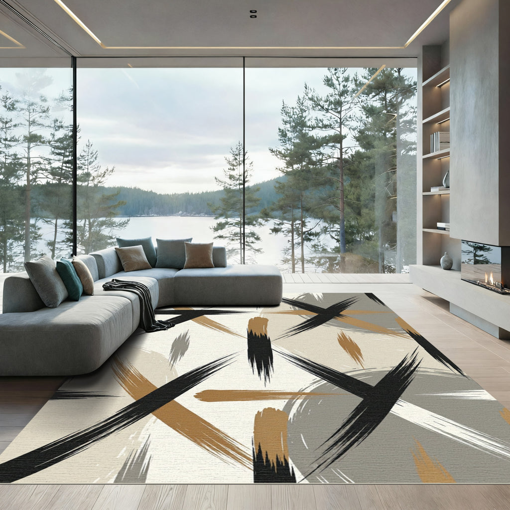 Modern Abstract Black Ochre Brushstroke Rug