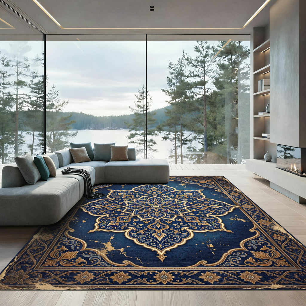 Ornate Cobalt Blue Golden Medallion Rug