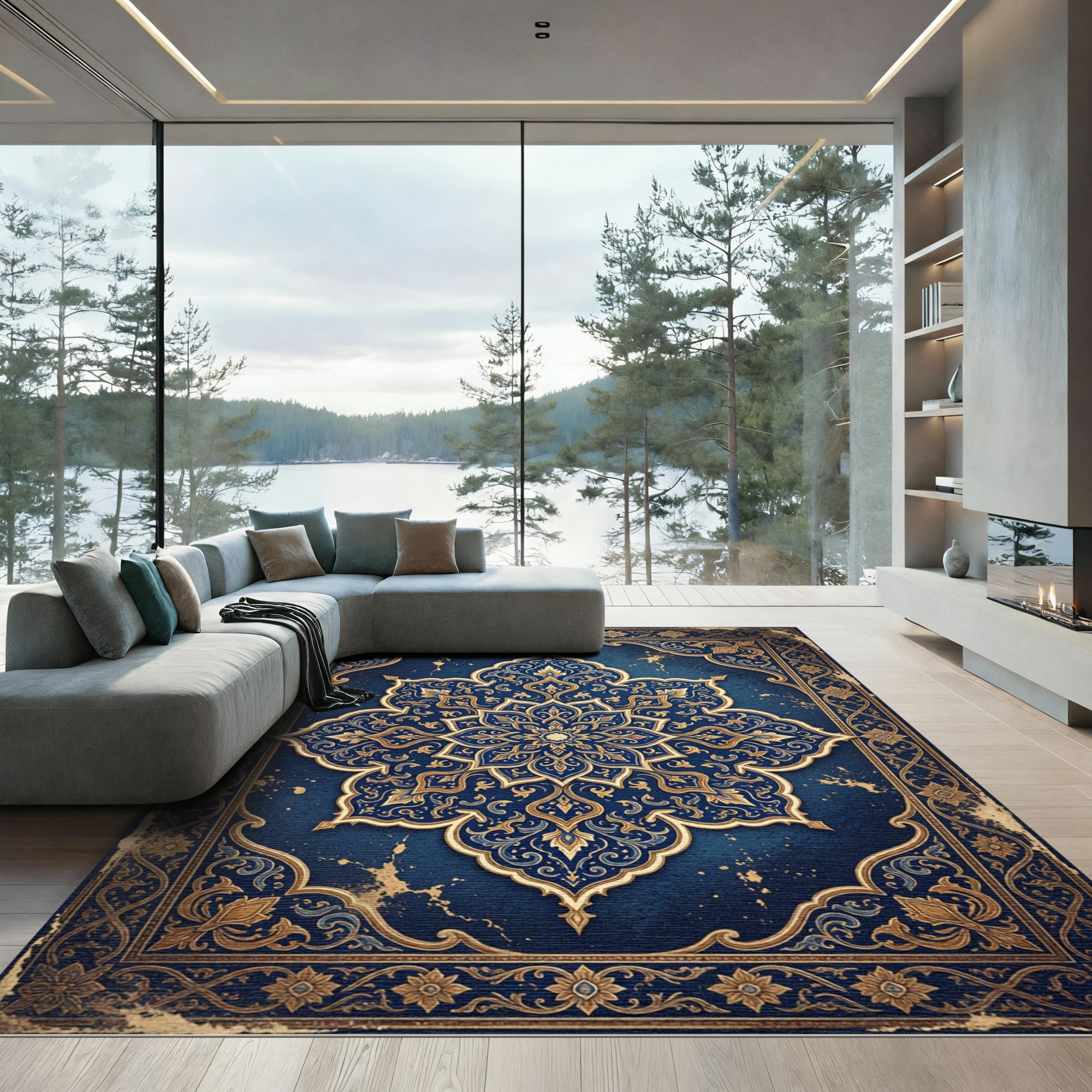 Ornate Cobalt Blue Golden Medallion Rug