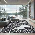 Monochrome Black Scrollwork Ornamental Flourish Rug